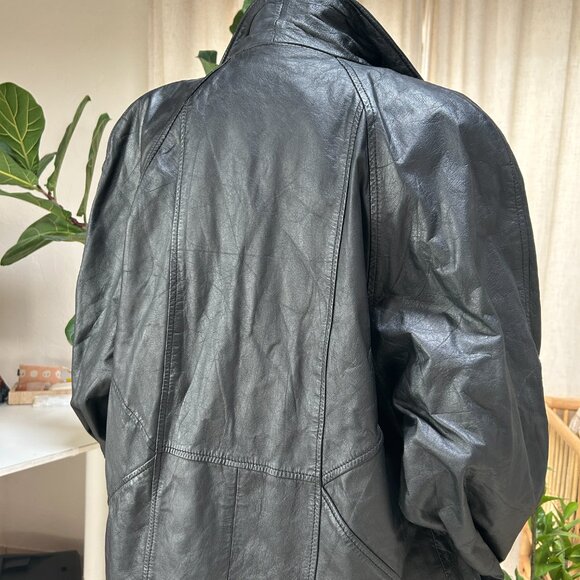 Vintage 90s Matrix Grunge Trench Coat Genuine Leather Black Oversized Women's M - Picture 10 of 16